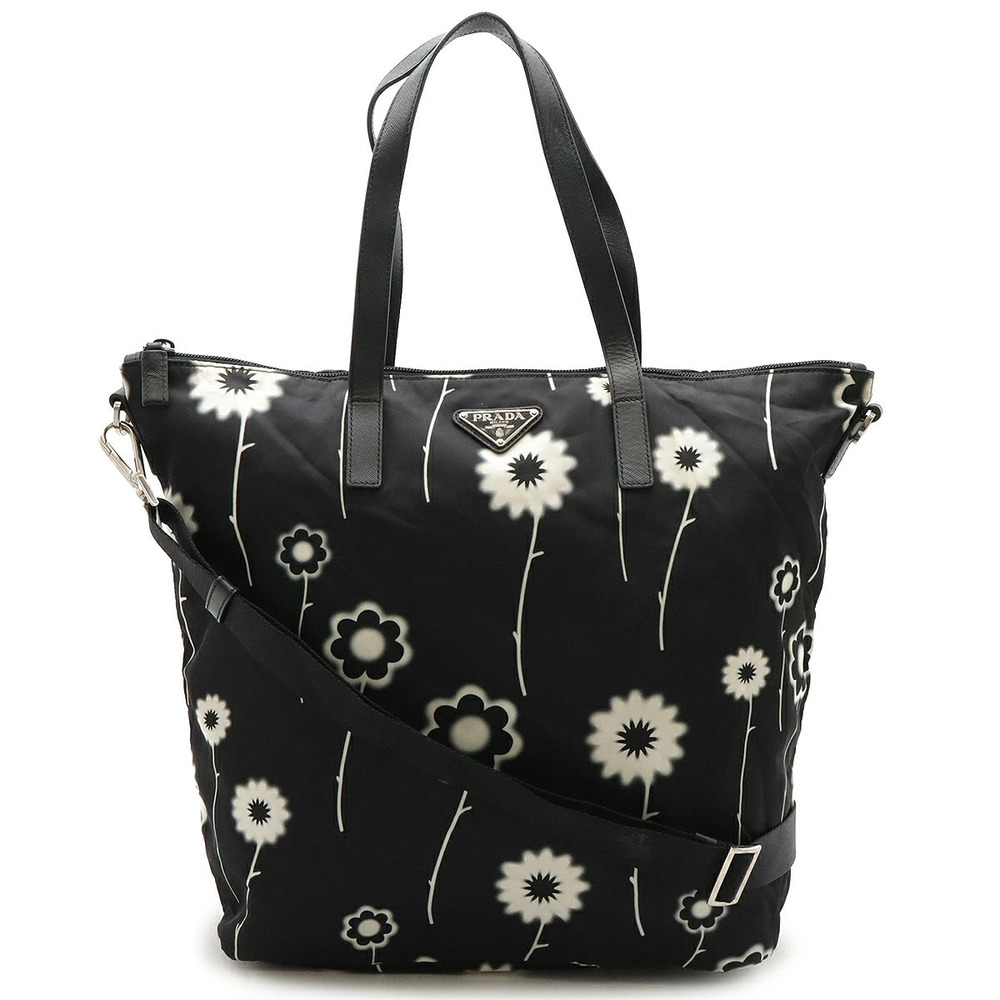 Prada Tote Tessuto Saffiano Bag Crossbody Floral Leather Black Ivory White